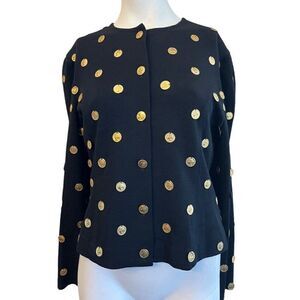 Ladies Medium Black Gold Tone Coins All Over Blouse Wool Sweater Top Vintage
